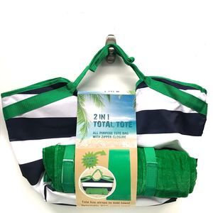 Navy & White Beach Tote Green trim & towel Set